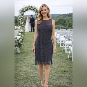 Frank Lyman Design Navy Fringe Midi Dress with Matching Shawl Sz 4 EUC